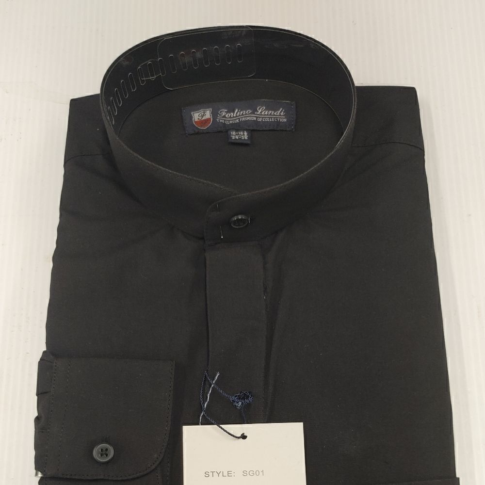 MEN'S FORTINO LANDI BLACK BANDED COLLAR DRESS SHIRT. REGULAR FIT.